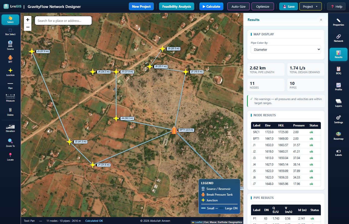 Same network after fixing pipe P10 back to DN15, Results panel now showing No warnings in green