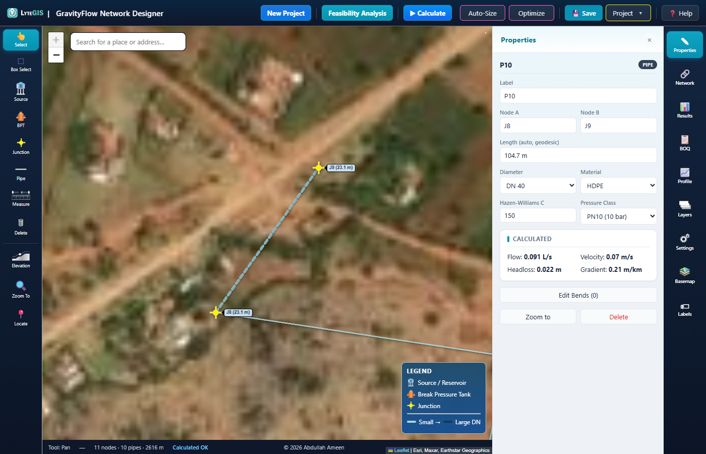 Zoomed view of pipe P10 with its Properties panel showing Diameter DN40 and Calculated Velocity 0.07 m/s