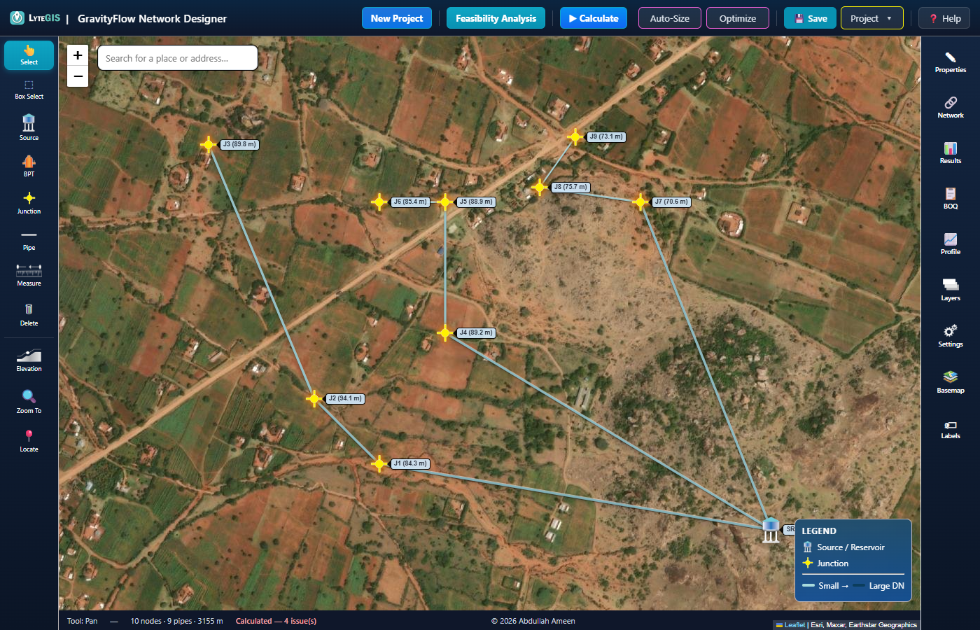 The same steep-terrain network as example 2 but with the BPT removed, status bar reading Calculated 4 issues in red