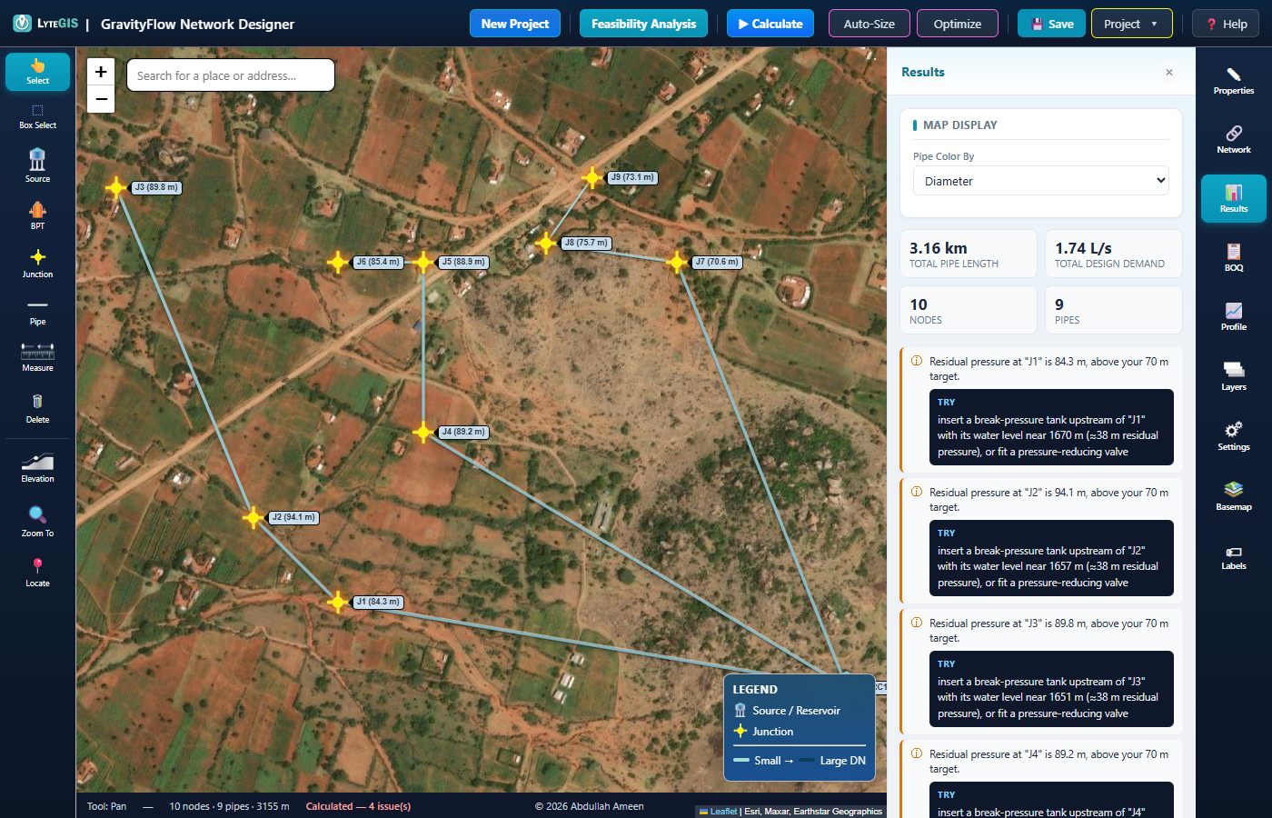 Results panel listing residual pressure warnings at every junction and pipe pressure-class violations, with the app suggesting to insert a break-pressure tank
