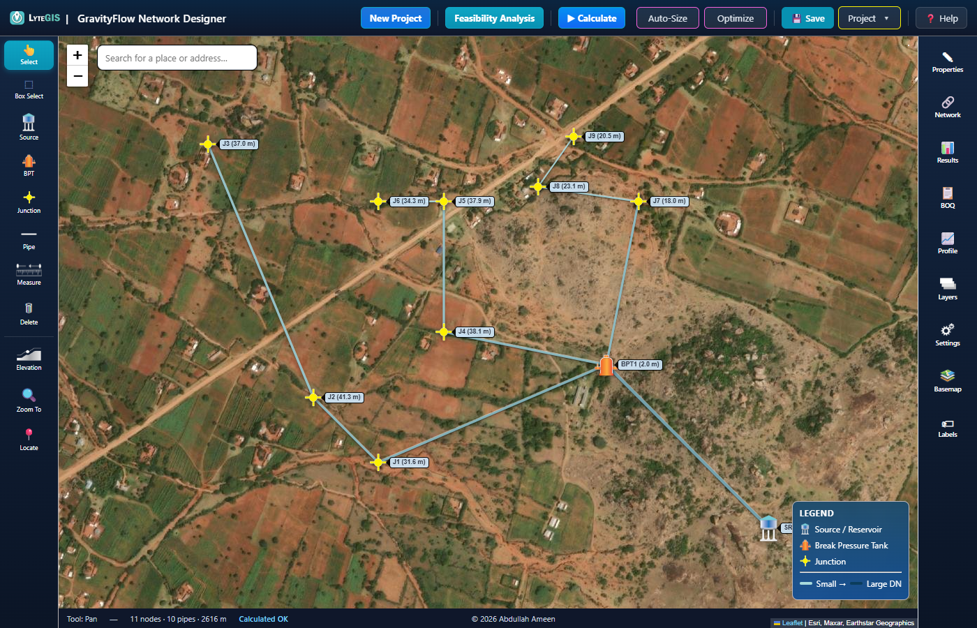 Full 11-node gravity network on satellite imagery, showing one source, one BPT and nine junctions across three branches