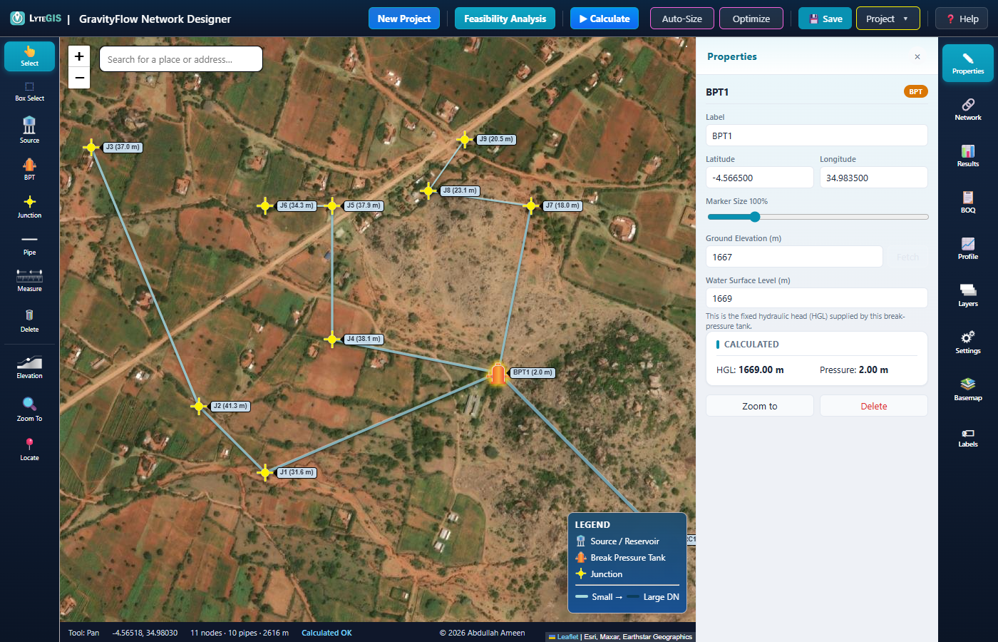 BPT1 selected on the map with its Properties panel open, showing Calculated HGL 1669.00 m and Pressure 2.00 m
